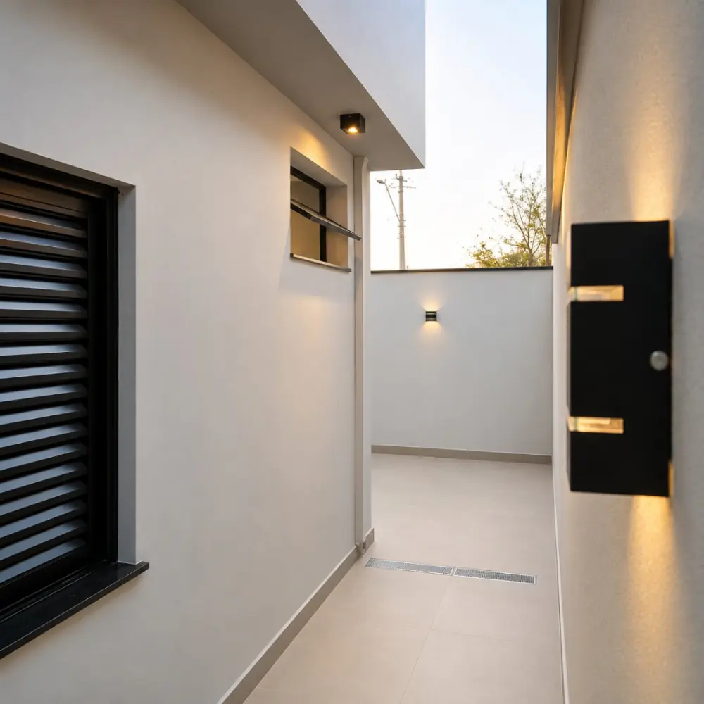 Corredor externo lateral com iluminação embutida e ralo linear no piso